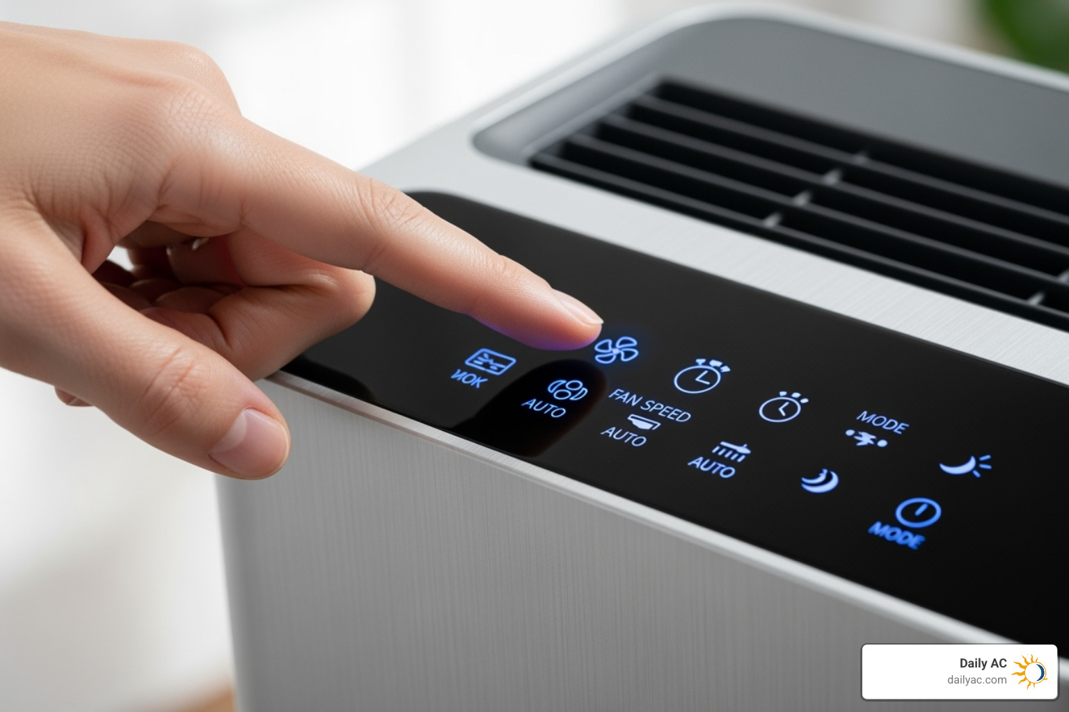 hand pointing to air purifier controls or settings - air purification benefits