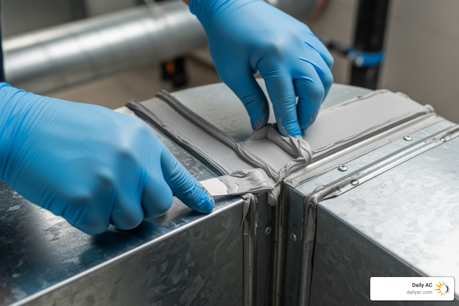 Hands applying mastic sealant to a duct joint - how to fix leaking ductwork