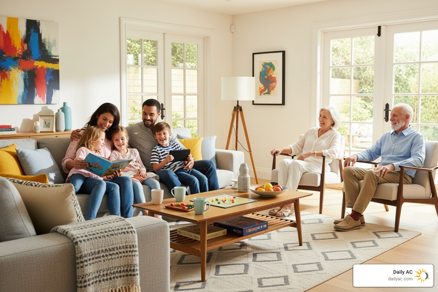 Family comfortably enjoying their living room - how to fix leaking ductwork