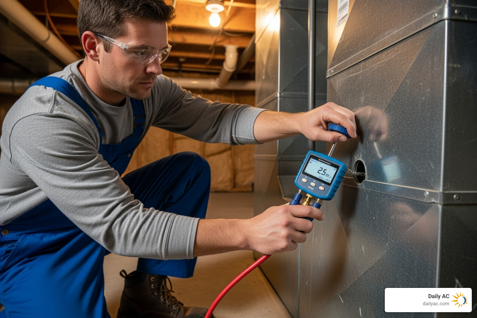 Professional technician using a pressure testing tool on ductwork - how to fix leaking ductwork
