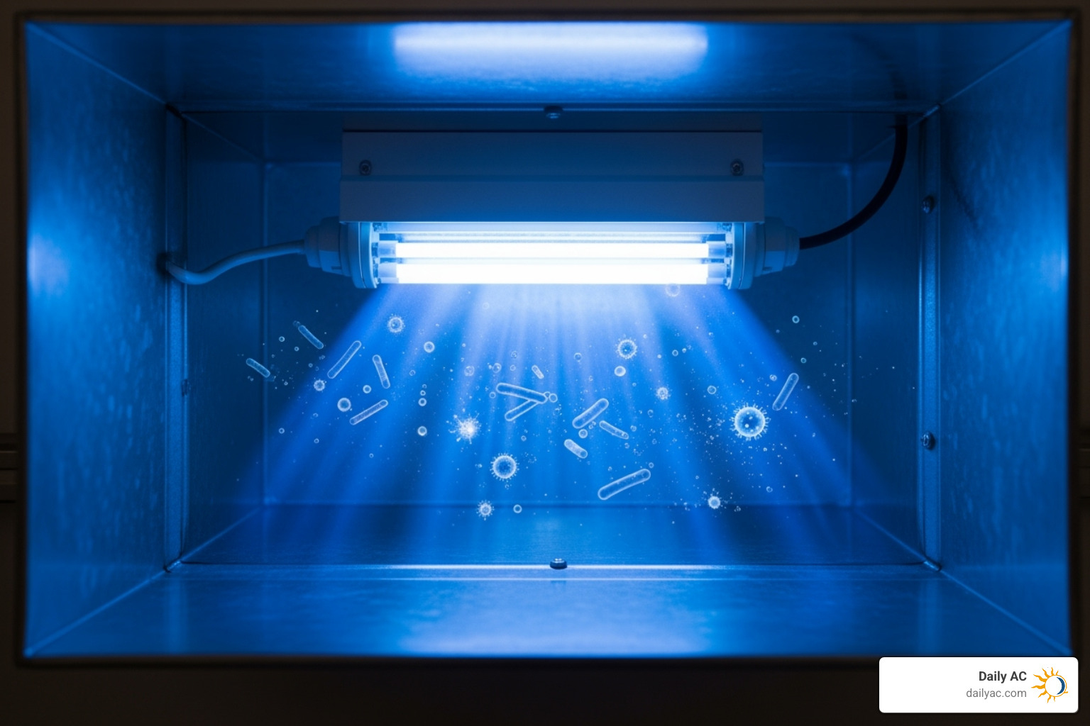 UV-C light neutralizing airborne germs within an HVAC duct - residential air purification