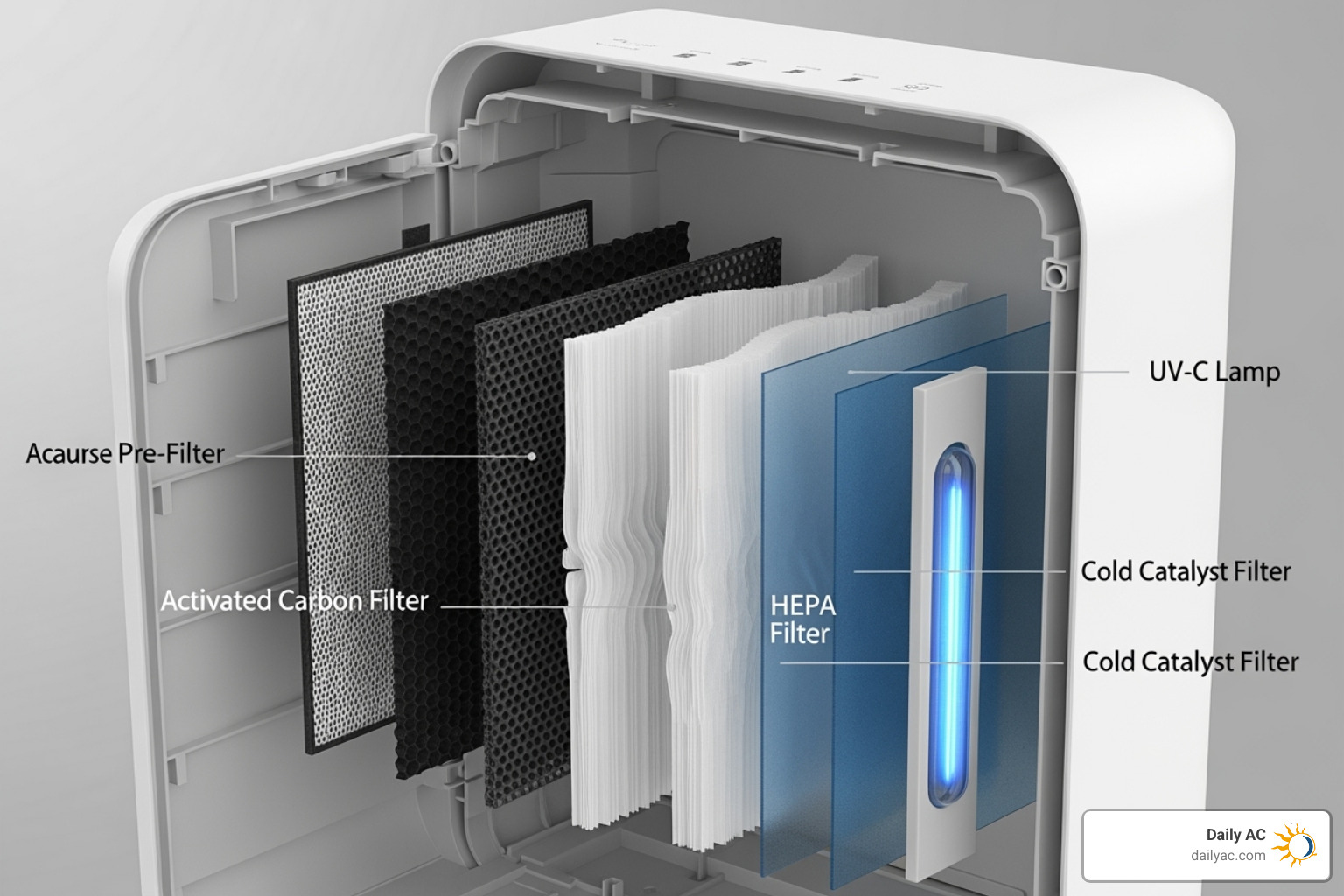Cutaway view of a multi-stage air purifier with different filter layers labeled - residential air purification