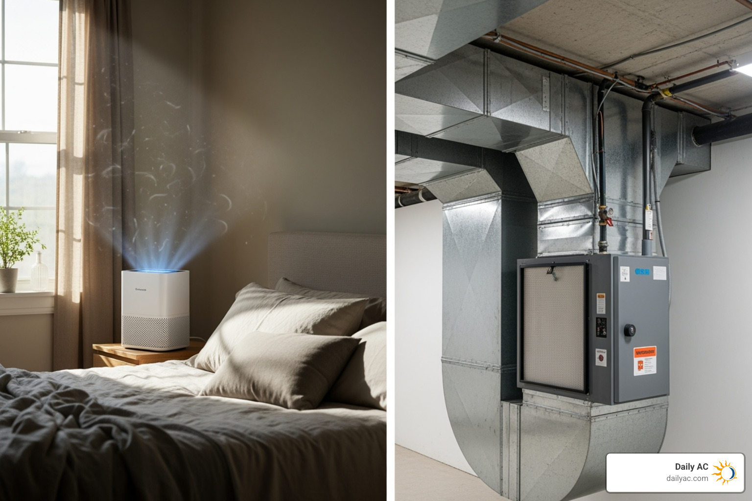 Portable air purifier in a bedroom contrasted with an HVAC system with a central air cleaner - residential air purification