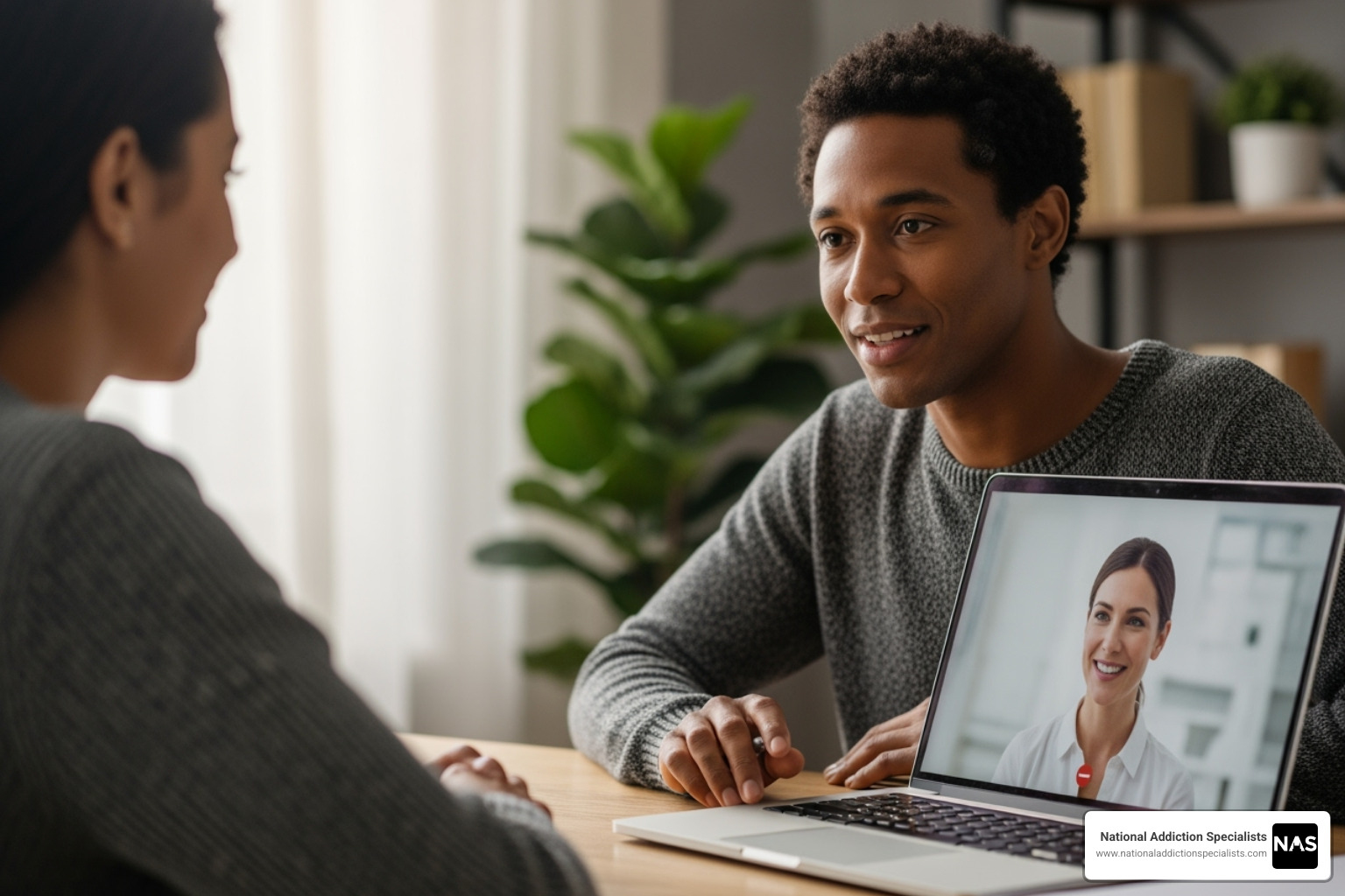 Supportive telehealth counseling session on a laptop - opiods