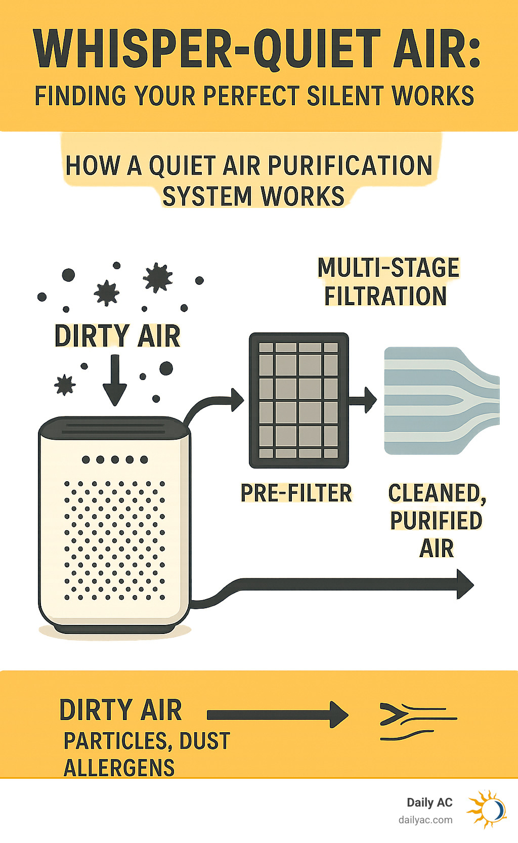 Infographic showing how air purifiers works: dirty air with particles, dust, and allergens enters the unit through intake vents, passes through multi-stage filtration including pre-filter and HEPA filter, and clean purified air exits the unit back into the room - quiet air purification system infographic 