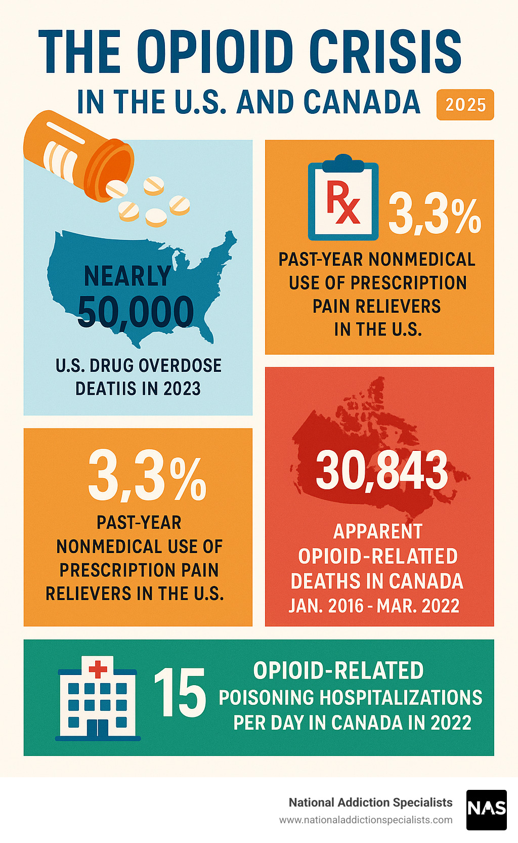 Infographic showing key statistics on the opioid crisis in the US and Canada - opiods infographic 
