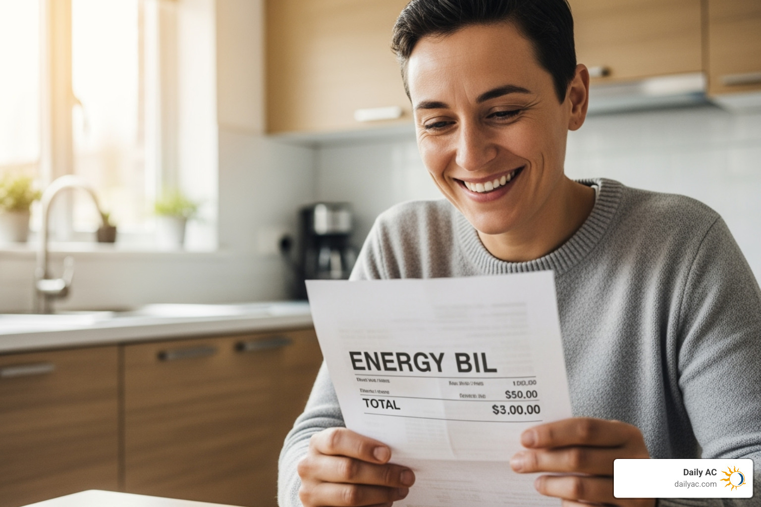 Homeowner reviewing an energy bill with a smile - HVAC system replacement