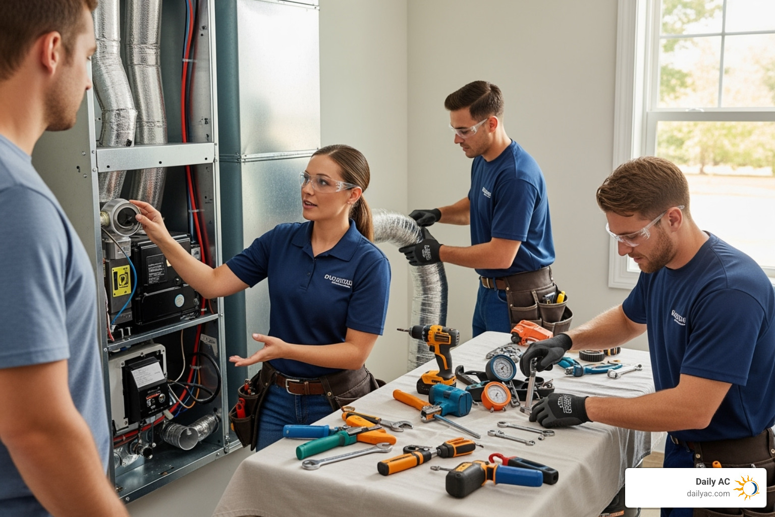 Professional and friendly HVAC installation team at work - HVAC system replacement