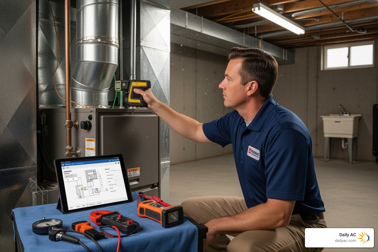 Technician performing a home assessment for system sizing - HVAC system replacement