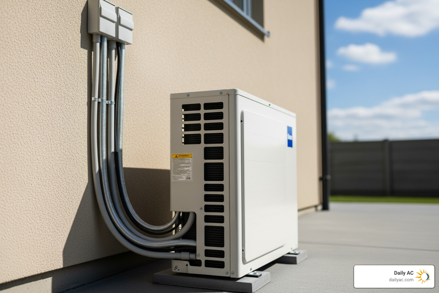 An outdoor condenser unit placed on a concrete pad, connected to the house by a lineset - ductless ac unit installation