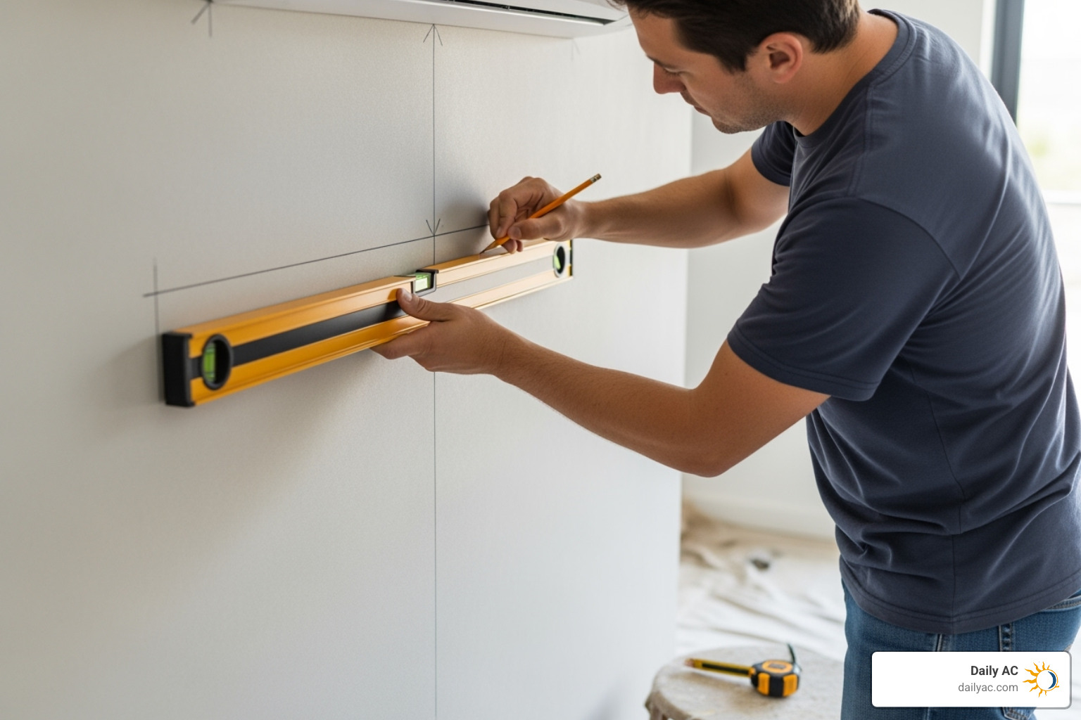 A person marking the wall for the indoor unit bracket, ensuring it is level - ductless ac unit installation