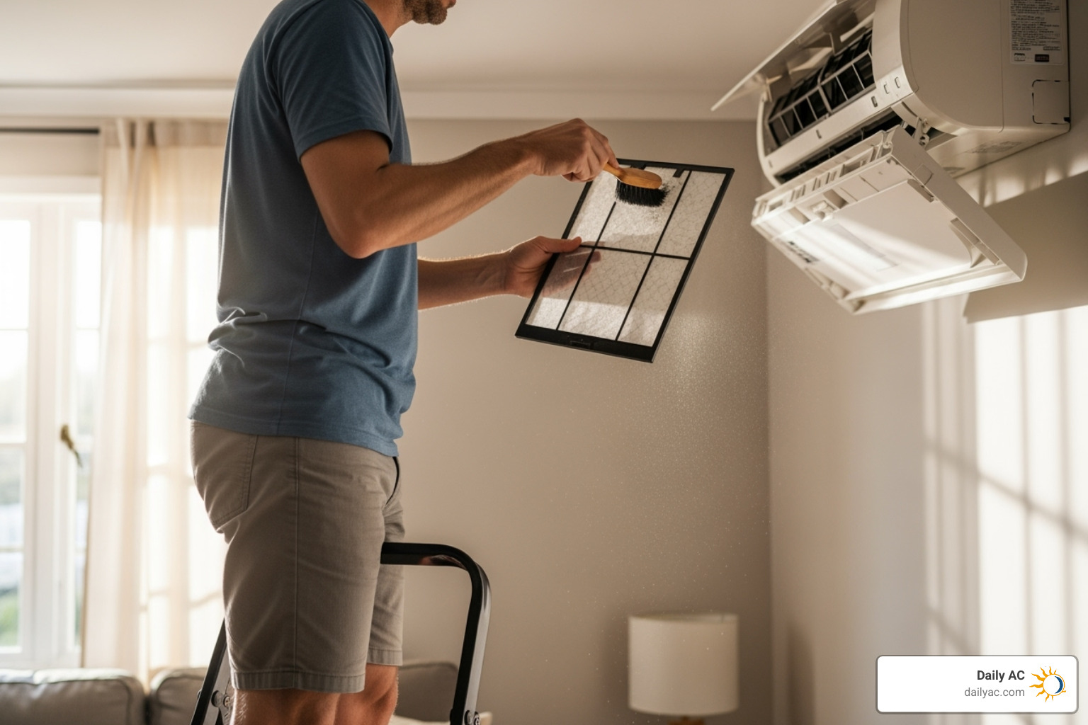 A homeowner cleaning the filter of an indoor ductless AC unit - ductless ac unit installation