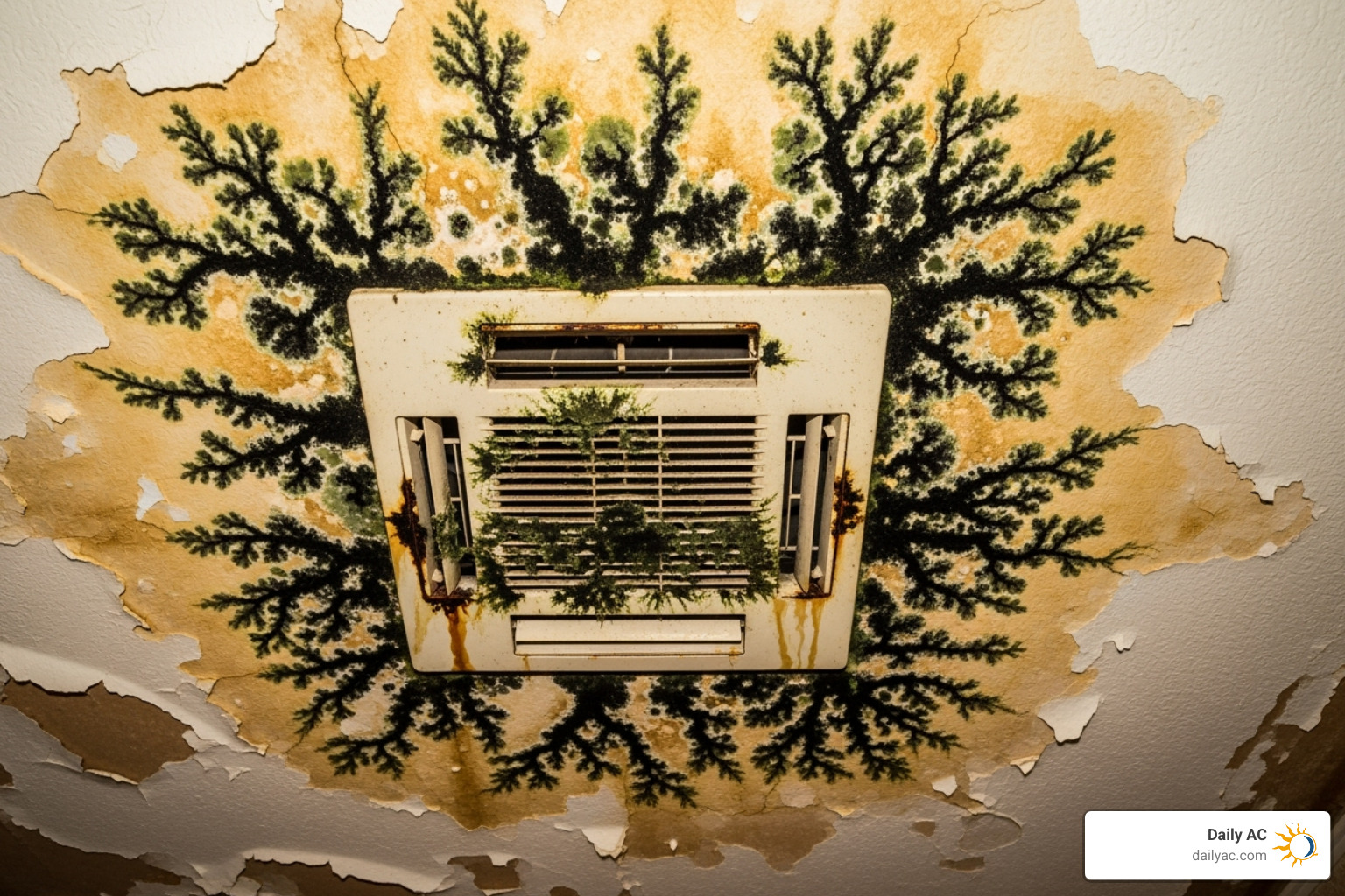 significant mold growth and water stains on a ceiling around a vent - how to fix leaking ac vent