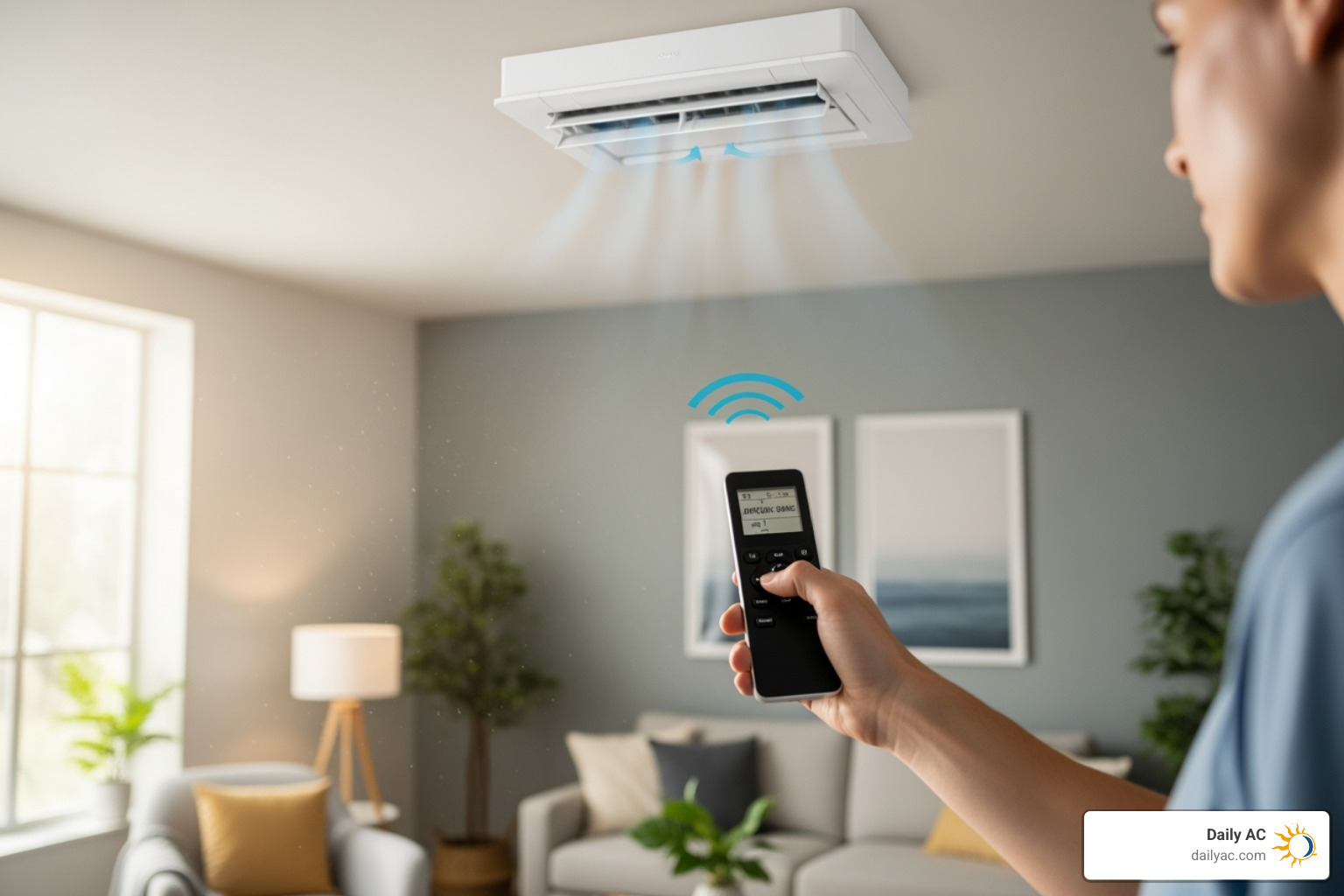 Person using a remote control to adjust airflow patterns of a ceiling mounted mini split - ceiling mounted mini split
