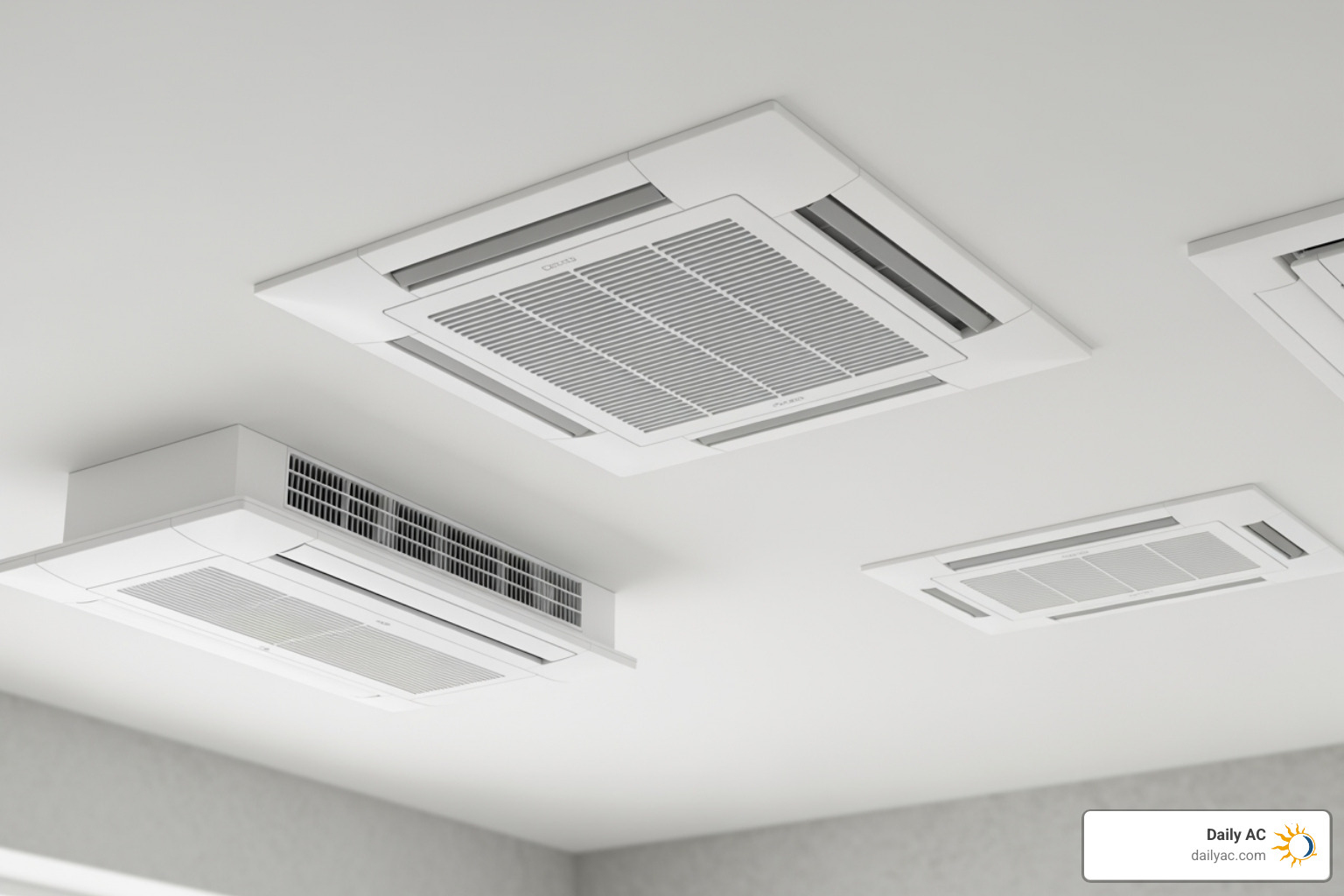 Image showing different types of ceiling mini split units: a four-way cassette, a one-way cassette, and a ceiling-suspended unit - ceiling mounted mini split