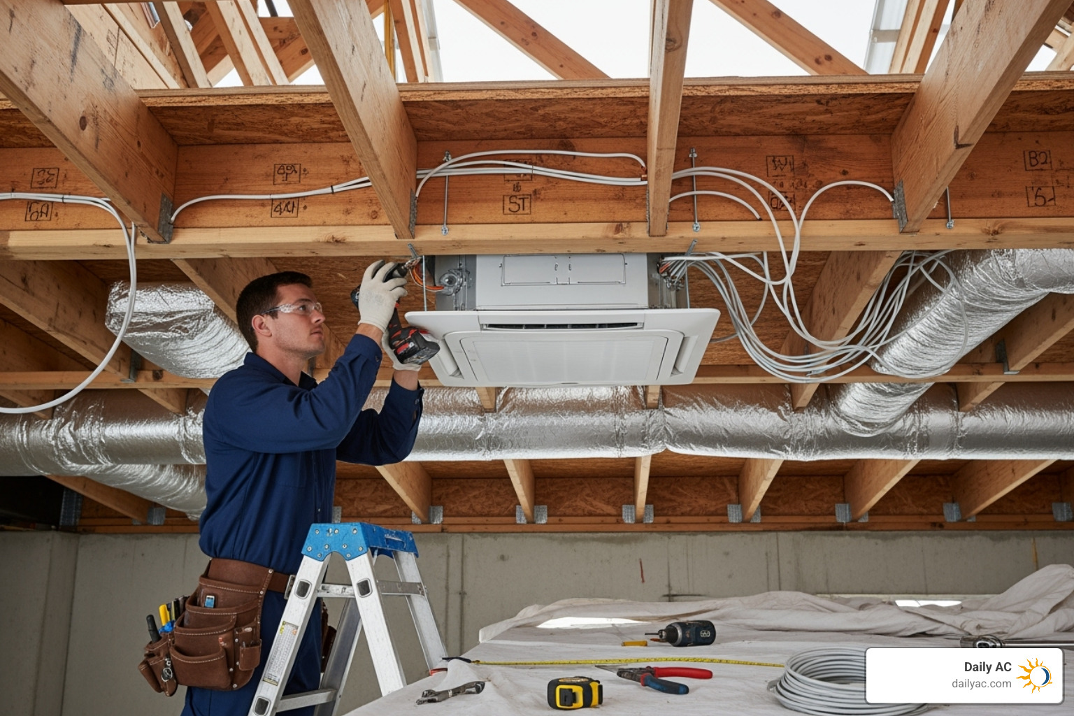 HVAC technician installing a ceiling cassette unit between ceiling joists - ceiling mounted mini split