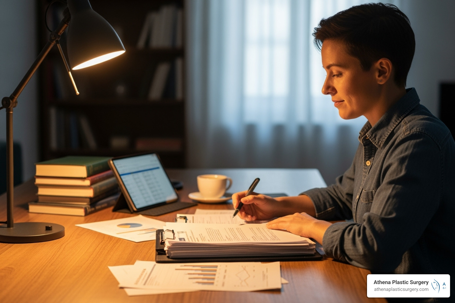 Person reviewing financial documents in a calm setting - How much is labiaplasty