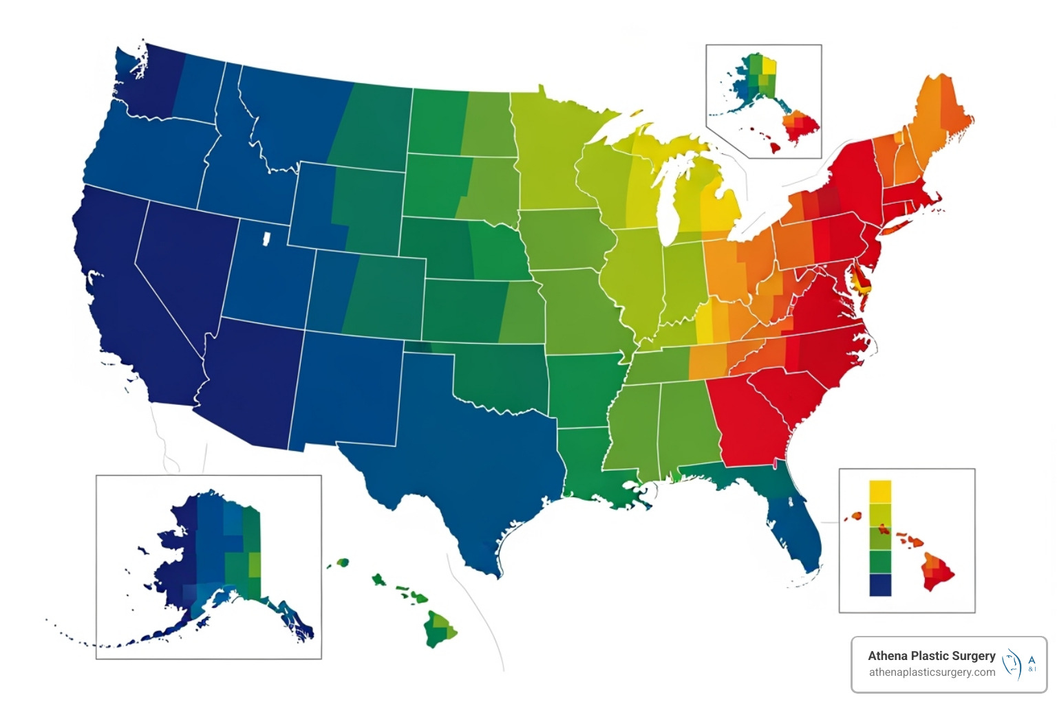 Map of the United States highlighting different cost zones - How much is labiaplasty