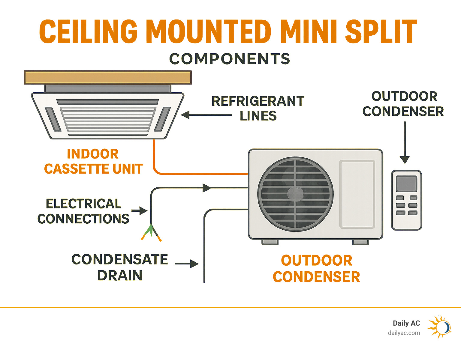Infographic showing ceiling mounted mini split components including indoor cassette unit recessed in ceiling, outdoor condenser unit, refrigerant lines connecting the units, condensate drain line, electrical connections, and remote control for operation - ceiling mounted mini split infographic 