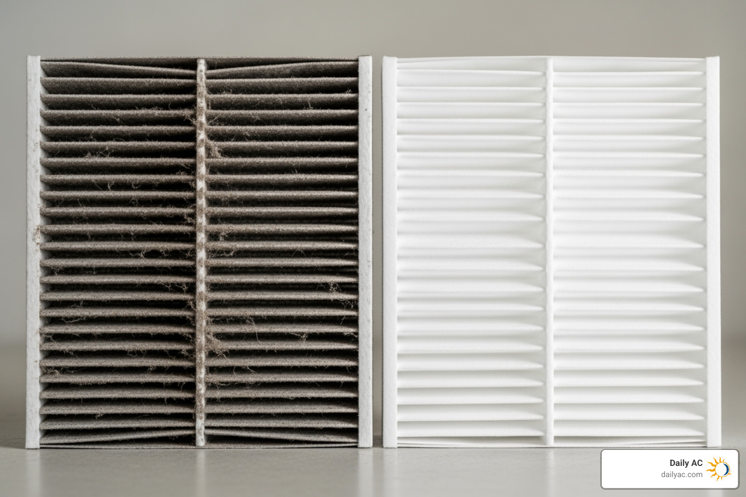 Dirty, clogged air filter next to a clean one - Commercial AC troubleshooting