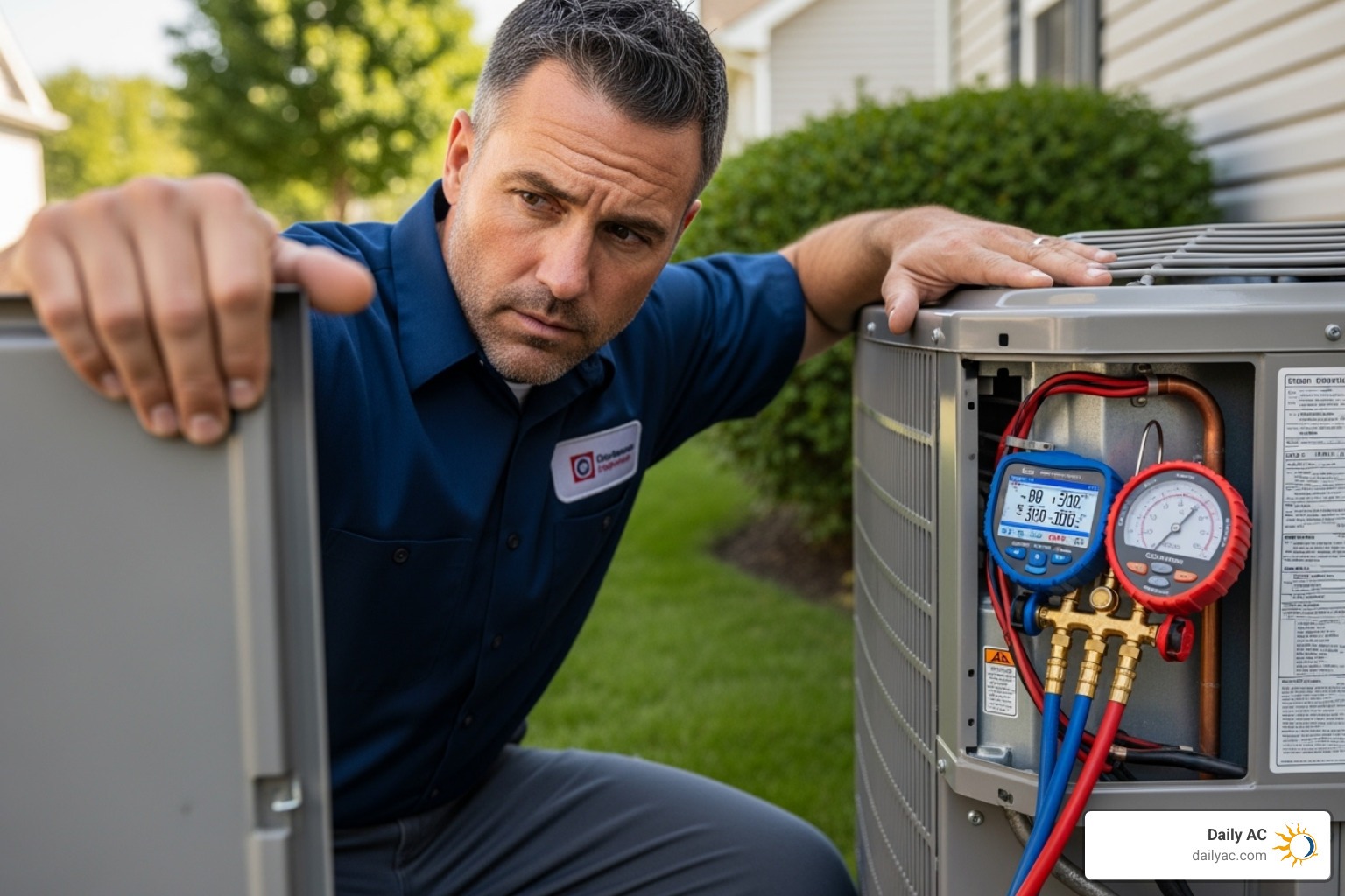 HVAC technician inspecting an outdoor unit - heat pump troubleshooting guide