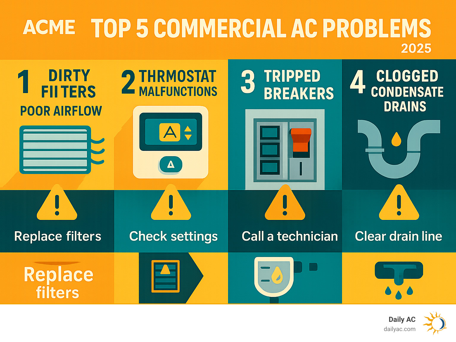 Infographic showing the top 5 commercial AC problems: dirty filters causing poor airflow, thermostat malfunctions, tripped circuit breakers, refrigerant leaks, and clogged condensate drains with their warning signs and basic solutions - Commercial AC troubleshooting infographic 