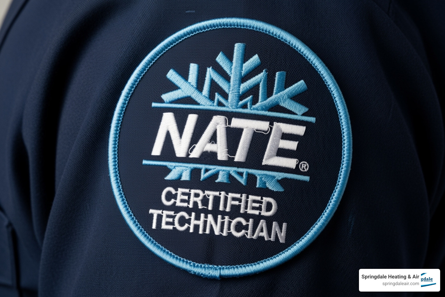 A close-up image of a technician's uniform patch with the NATE certification logo. - ac repair companies near me A close-up image of a technician's uniform patch with the NATE certification logo. - ac repair companies near me