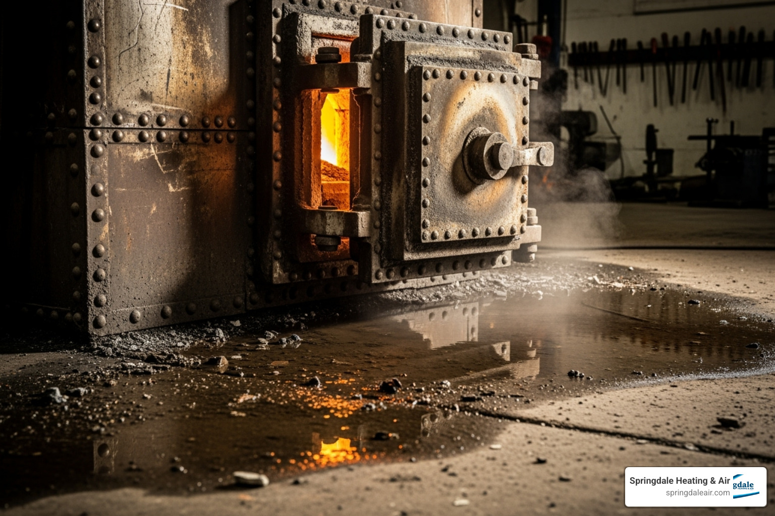 a furnace with a puddle of water around it - emergency heating system repair a furnace with a puddle of water around it - emergency heating system repair