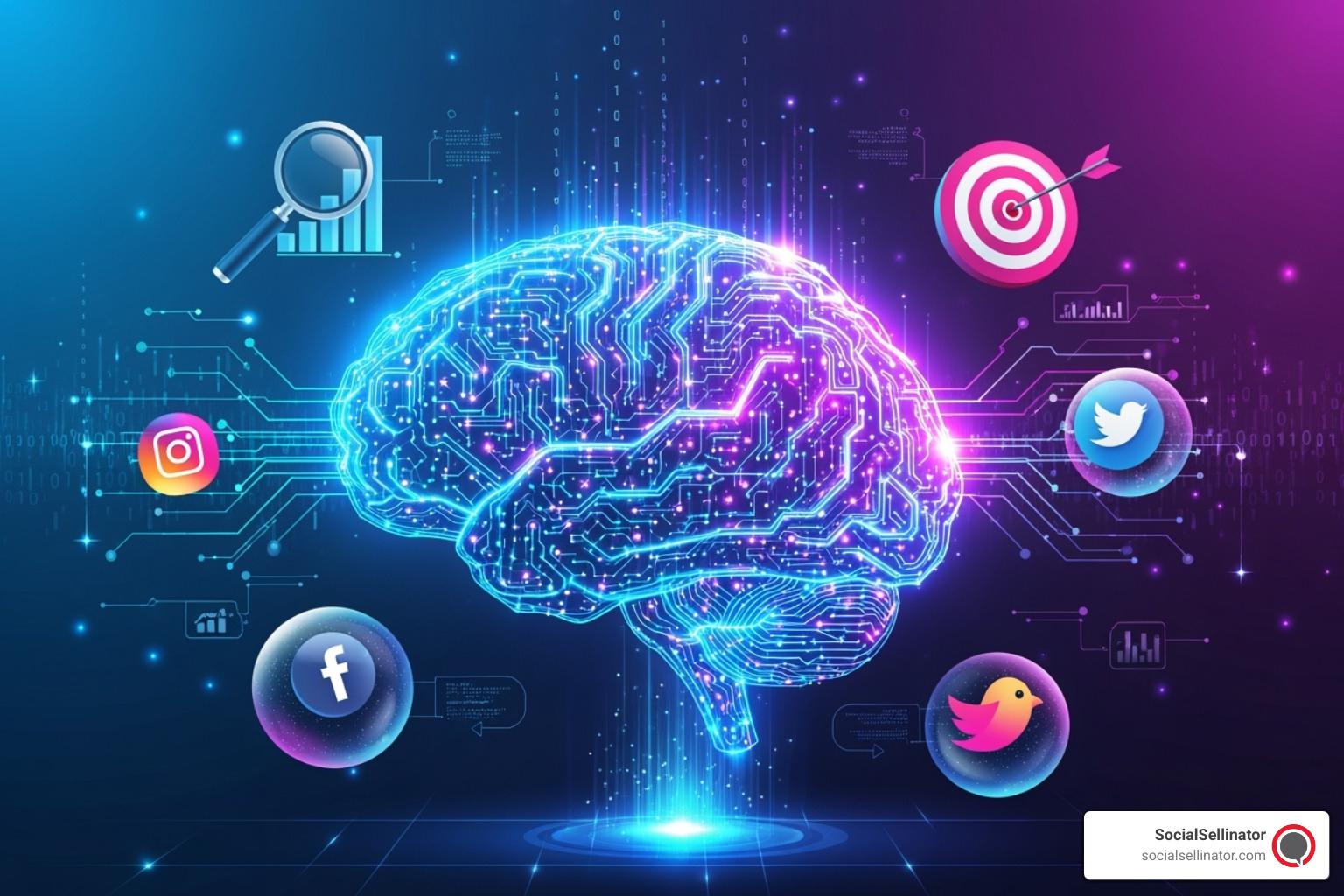 Conceptual graphic: a neural-network brain surrounded by marketing icons (search, target, chat bubble, shopping cart) to signify AI-enhanced research, targeting, creative, and optimization in modern digital marketing. - best digital marketing companies in the world
