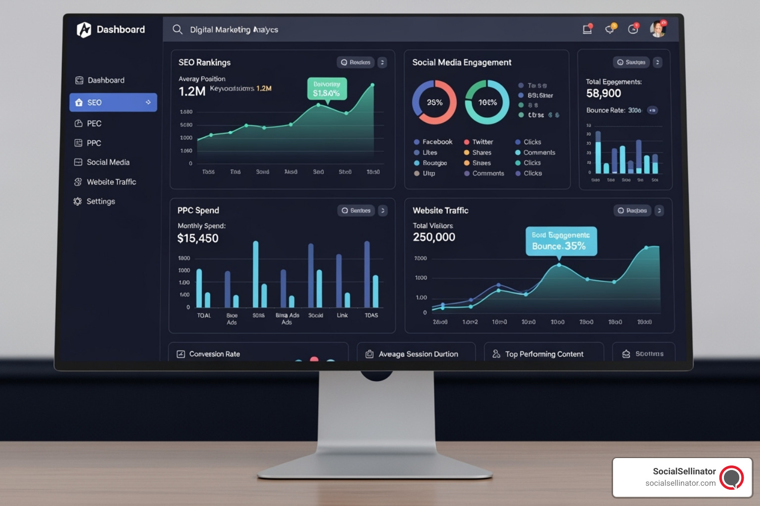 A unified marketing performance dashboard showing SEO visibility, paid media efficiency, social engagement, and conversion rates across devices. The interface highlights trends, anomalies, and uplift from recent tests. - best digital marketing companies in the world