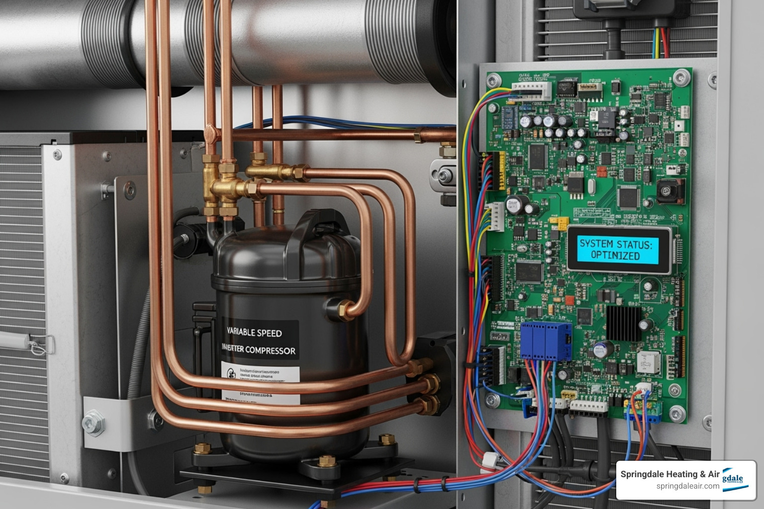 Internal components of a high-efficiency HVAC system, showing a variable-speed compressor and smart control board - Factory trained technicians