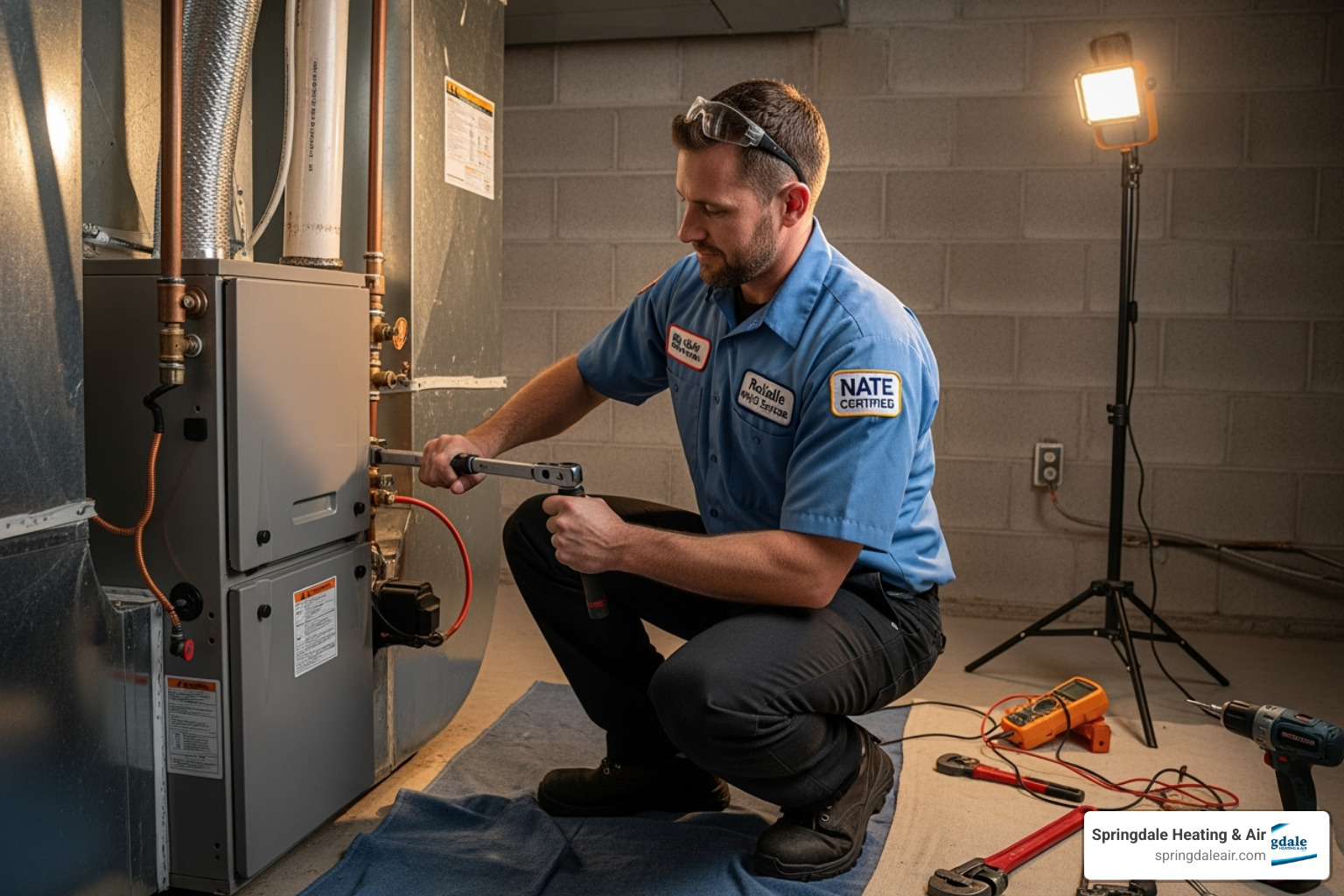 Friendly, NATE-certified technician working on a furnace installation - furnace replacement Cleveland