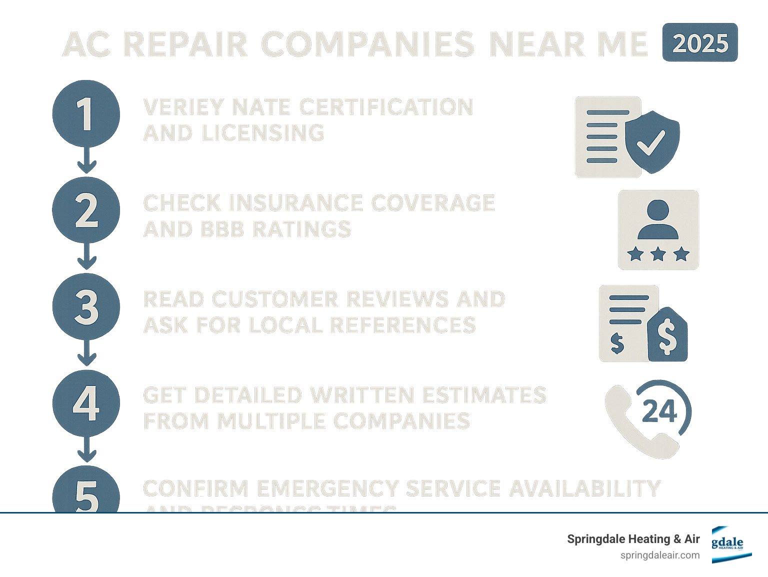 Infographic showing 5 key steps to choosing the right AC repair company: 1. Verify NATE certification and licensing, 2. Check insurance coverage and BBB ratings, 3. Read customer reviews and ask for local references, 4. Get detailed written estimates from multiple companies, 5. Confirm emergency service availability and response times - ac repair companies near me infographic Infographic showing 5 key steps to choosing the right AC repair company: 1. Verify NATE certification and licensing, 2. Check insurance coverage and BBB ratings, 3. Read customer reviews and ask for local references, 4. Get detailed written estimates from multiple companies, 5. Confirm emergency service availability and response times - ac repair companies near me infographic