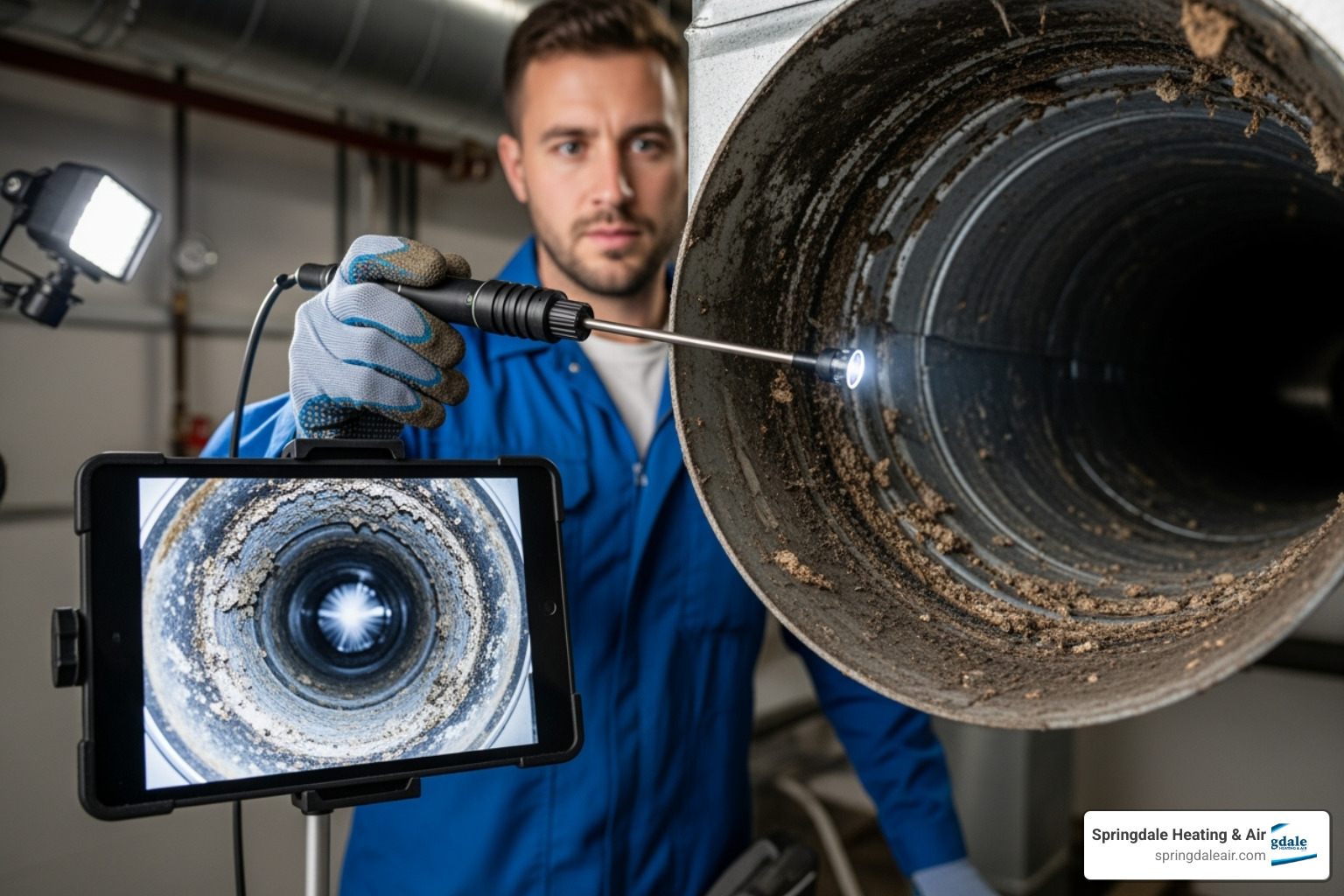 technician showing a camera view of a dirty duct interior - air duct solutions technician showing a camera view of a dirty duct interior - air duct solutions