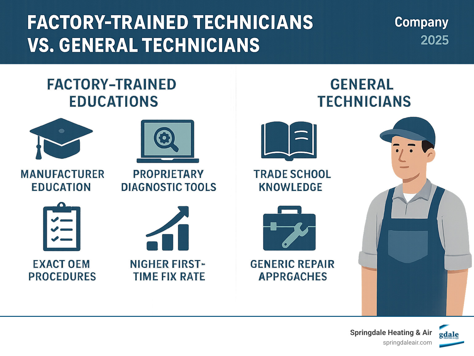 Comprehensive comparison showing factory-trained technicians receiving manufacturer-specific education, accessing proprietary diagnostic tools, following exact OEM procedures, and achieving higher first-time fix rates compared to general technicians who rely on basic trade school knowledge and generic repair approaches - Factory trained technicians infographic