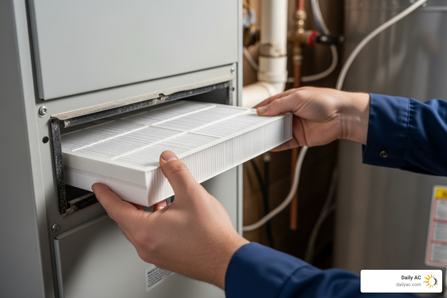 Person sliding a new filter into an HVAC unit - AC filter replacement