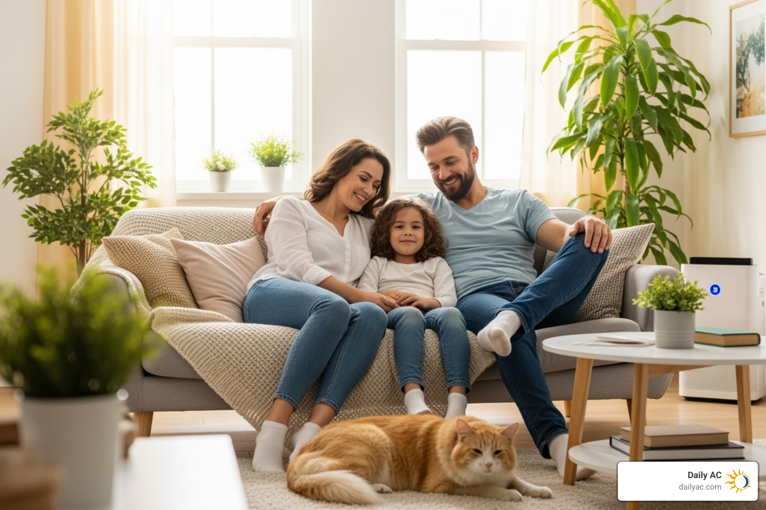 Family with a pet enjoying clean air indoors - AC filter replacement