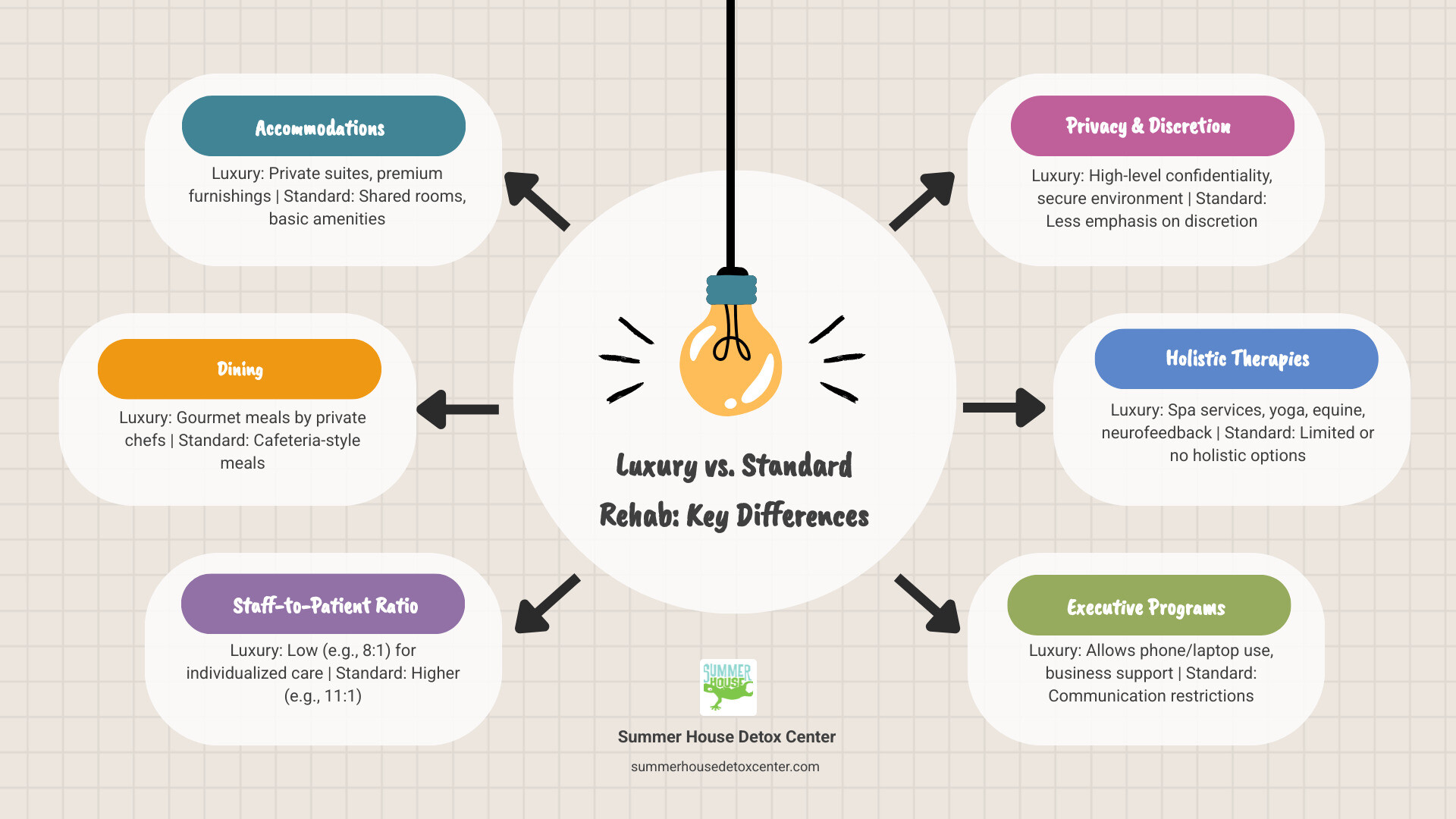 Infographic showing key differences between luxury and standard rehab facilities including private rooms vs shared spaces, gourmet dining vs cafeteria meals, 8:1 vs 11:1 staff ratios, concierge services vs basic amenities, holistic therapies vs standard treatment only, and executive programs vs restricted communication - luxury treatment center florida infographic brainstorm-6-items