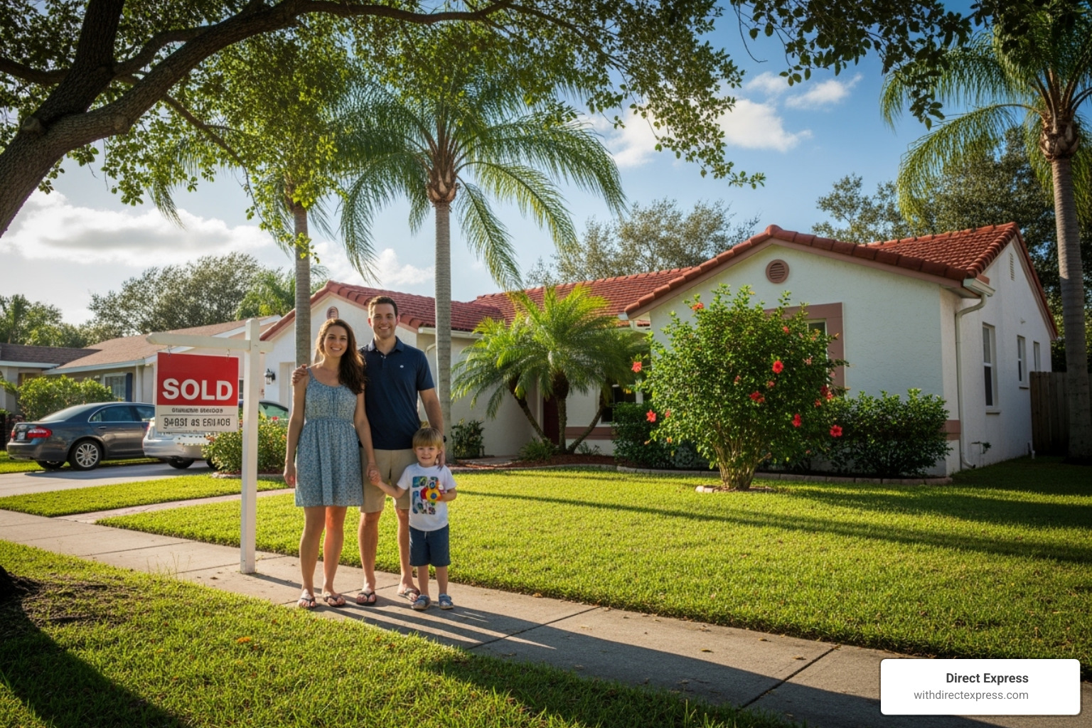 A family standing in front of a "Sold" sign on a Tampa home - Tampa Bay realtors