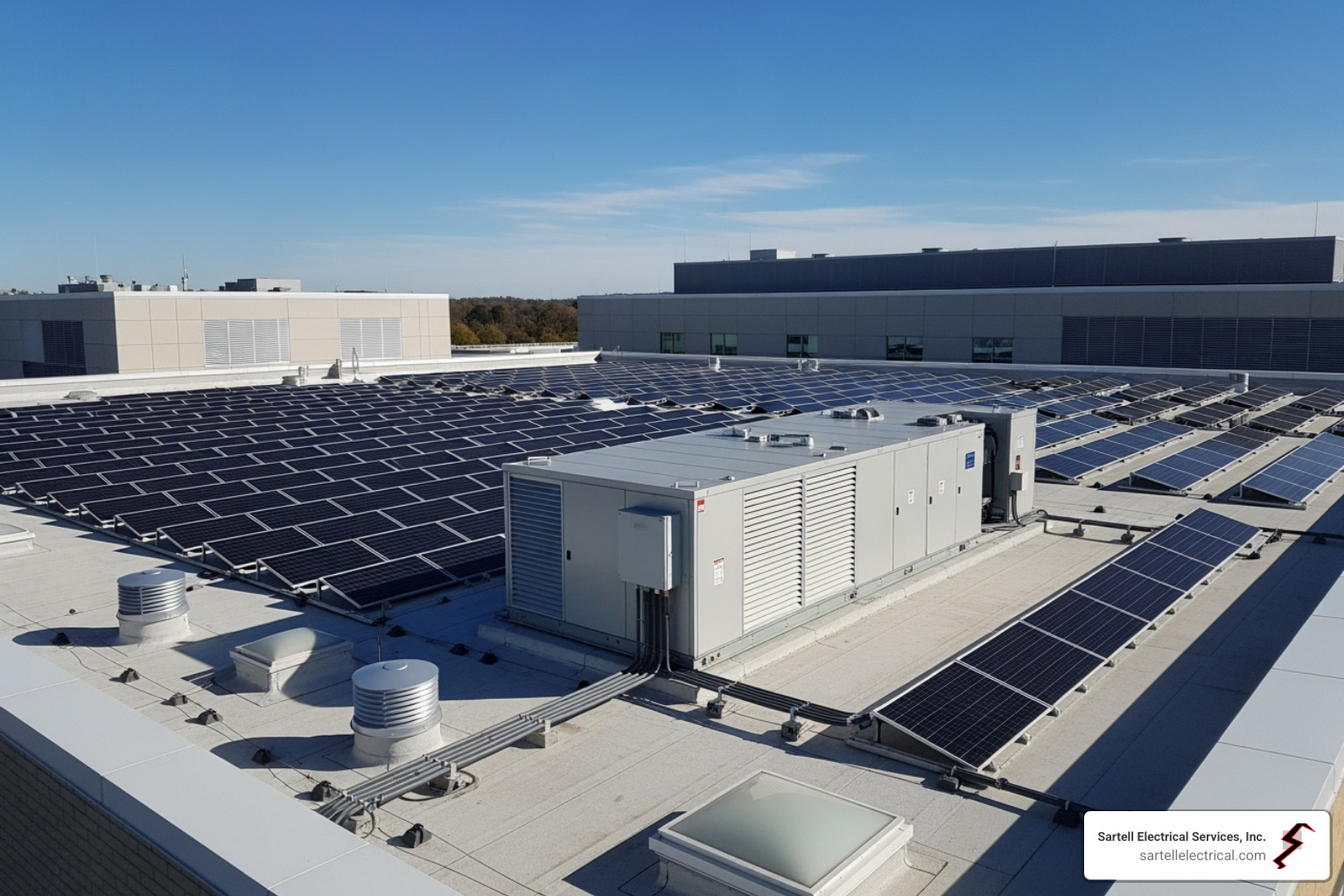 Hospital roof with solar panels and a battery storage unit - Hospital electrical systems