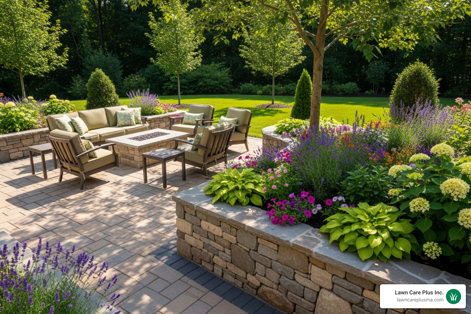 custom interlocking stone patio and retaining wall - landscape service near me