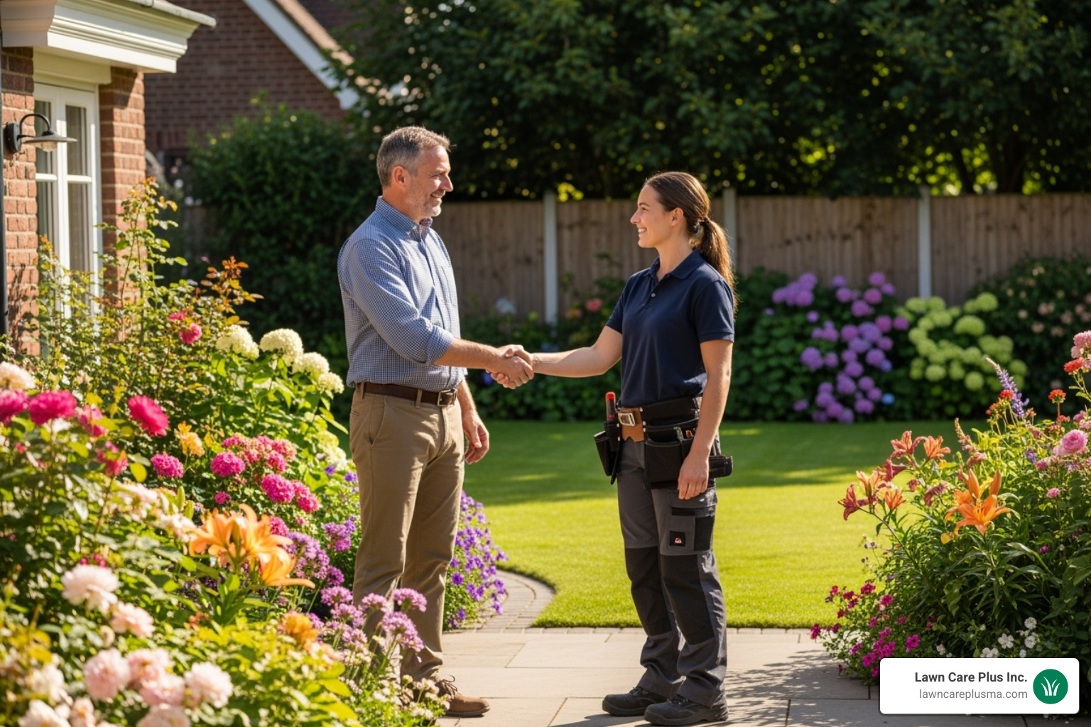 homeowner shaking hands with a professional landscaper - landscape service near me