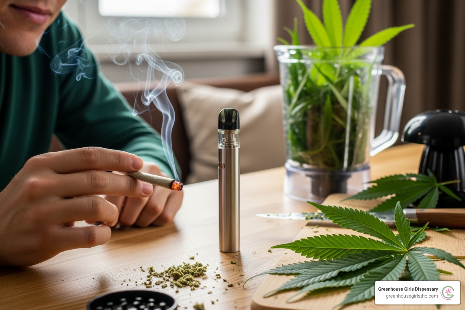 Image showing various consumption methods for cannabis, including a person smoking a joint, a vape pen, and raw cannabis leaves being prepared for juicing - high potency THCA