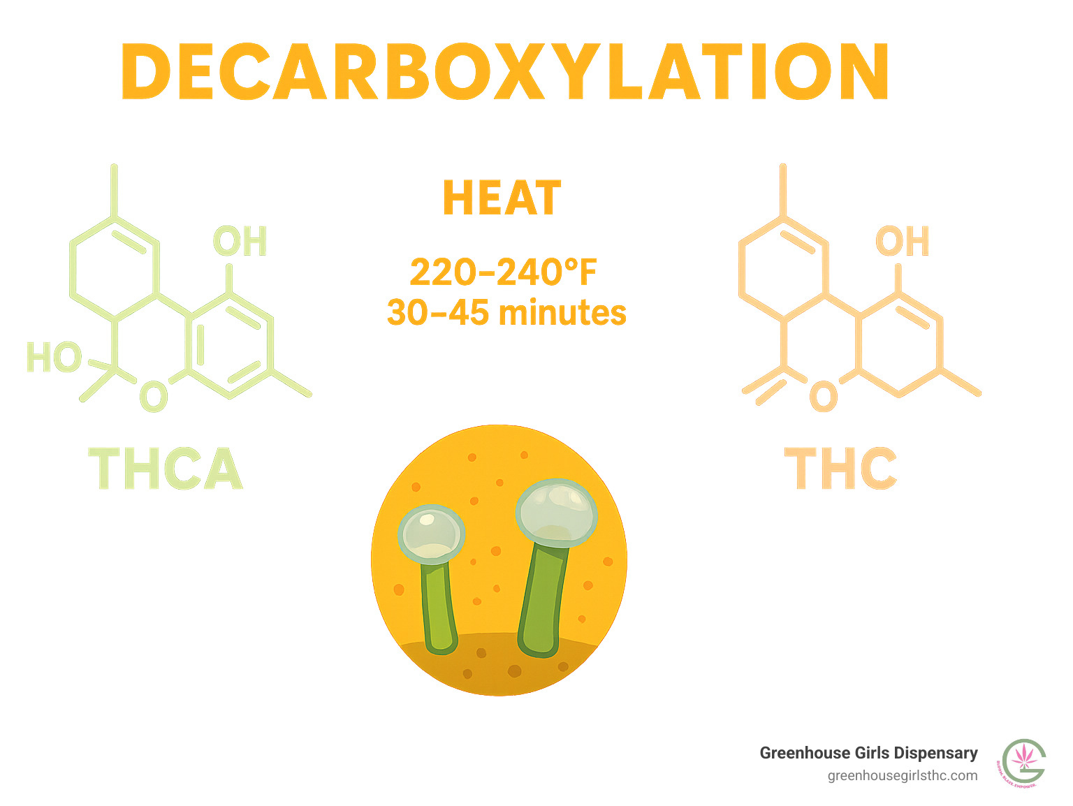 Detailed infographic showing the decarboxylation process: THCA molecule structure converting to THC molecule structure when heat is applied, with temperature ranges (220-240°F) and time requirements, plus visual representation of trichome changes during heating - high potency THCA infographic 