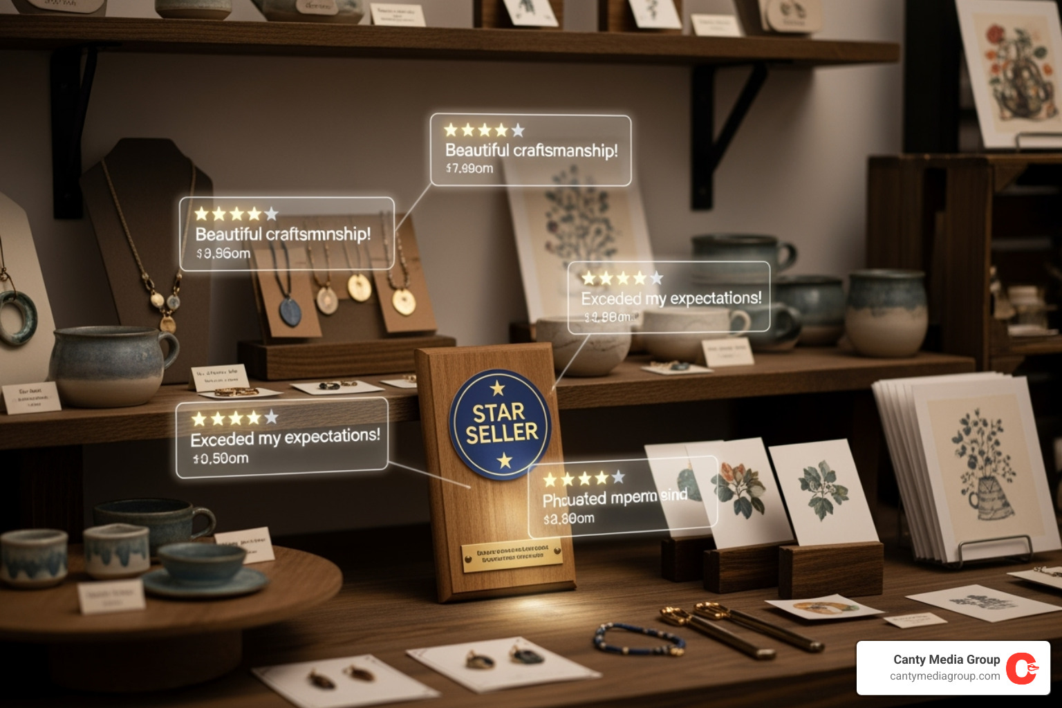 An Etsy shop display prominently featuring a Star Seller badge and surrounded by glowing customer reviews, symbolizing trust and quality - Etsy shop marketing