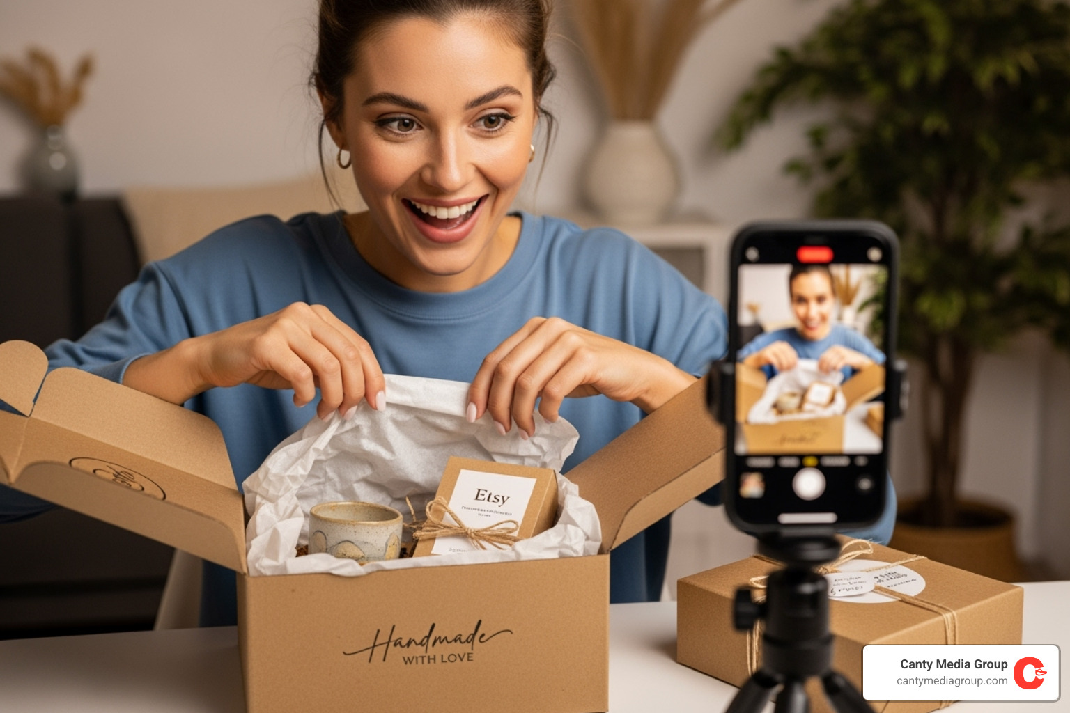 An influencer excitedly unboxing a beautifully packaged Etsy product on Instagram, showcasing the product and branding - Etsy shop marketing