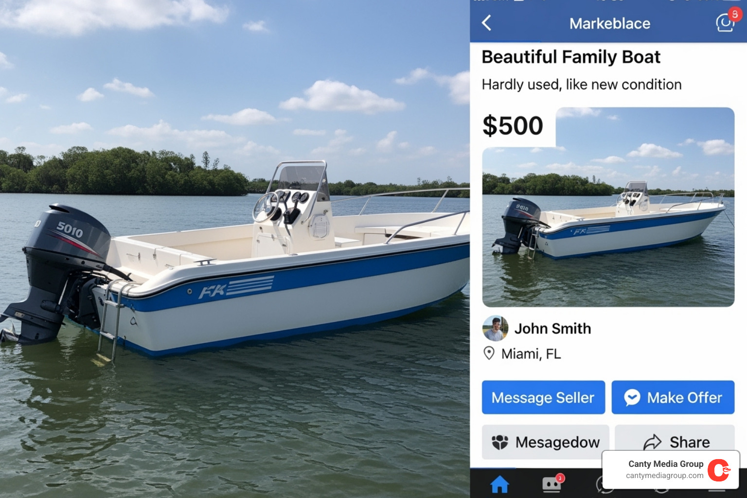 suspicious-looking Facebook Marketplace boat listing - boat scams on facebook marketplace