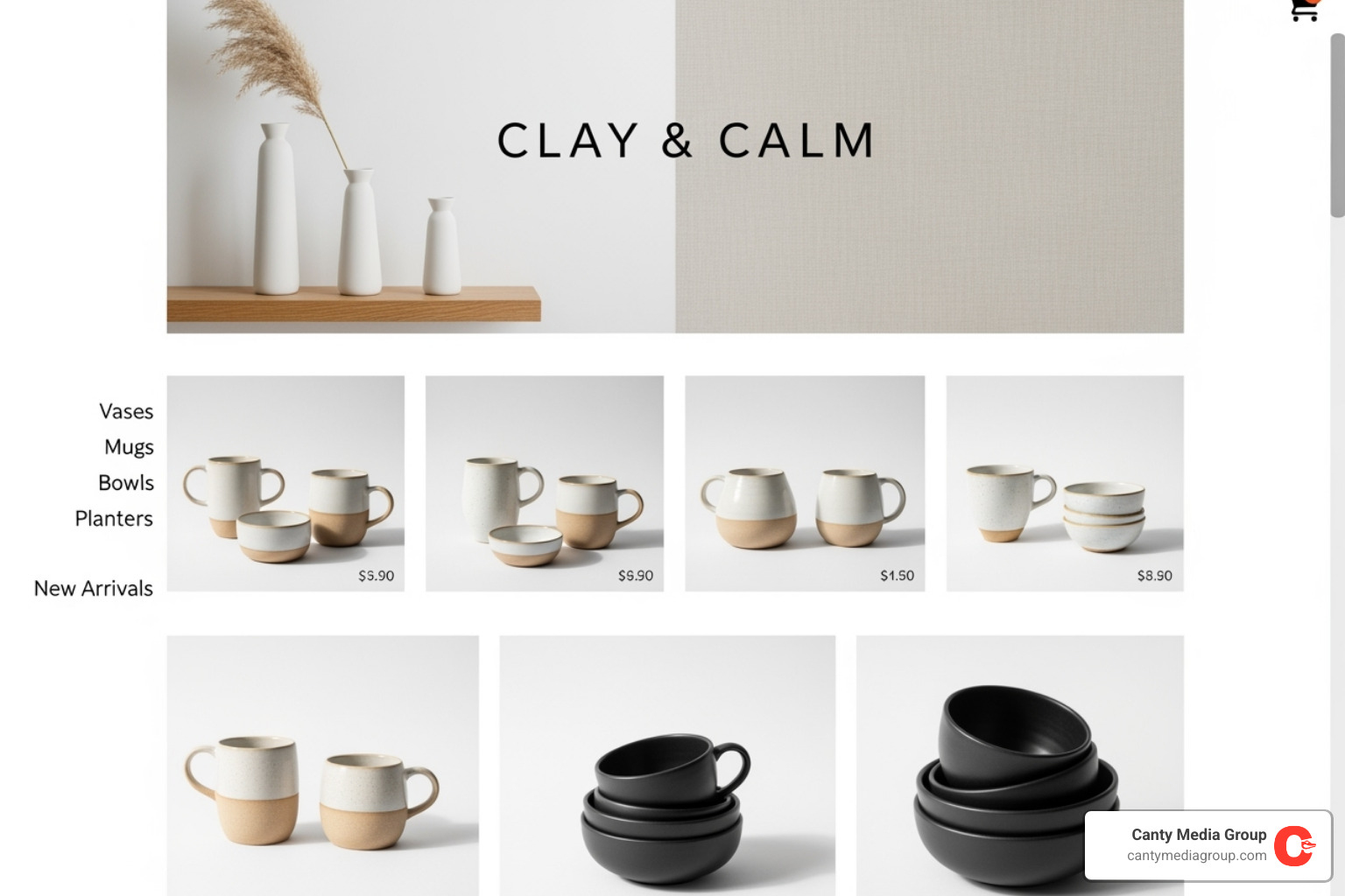 A perfectly curated Etsy shop homepage displaying products within a specific, well-defined niche like minimalist pottery - Etsy shop marketing