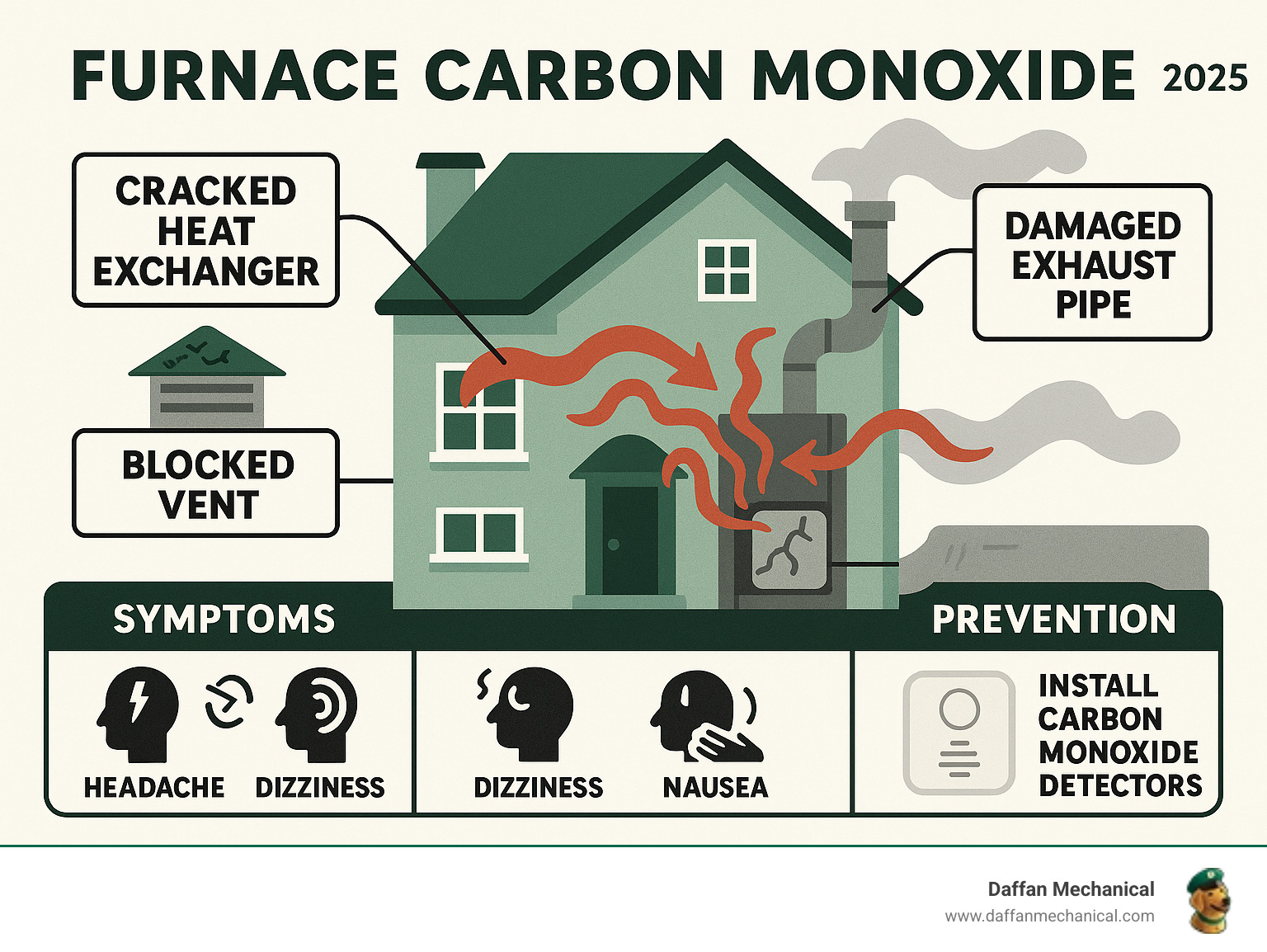 Infographic showing how carbon monoxide from a furnace enters a home through cracked heat exchanger, blocked vents, and damaged exhaust pipes, with symptoms and prevention methods - furnace carbon monoxide infographic  Infographic showing how carbon monoxide from a furnace enters a home through cracked heat exchanger, blocked vents, and damaged exhaust pipes, with symptoms and prevention methods - furnace carbon monoxide infographic