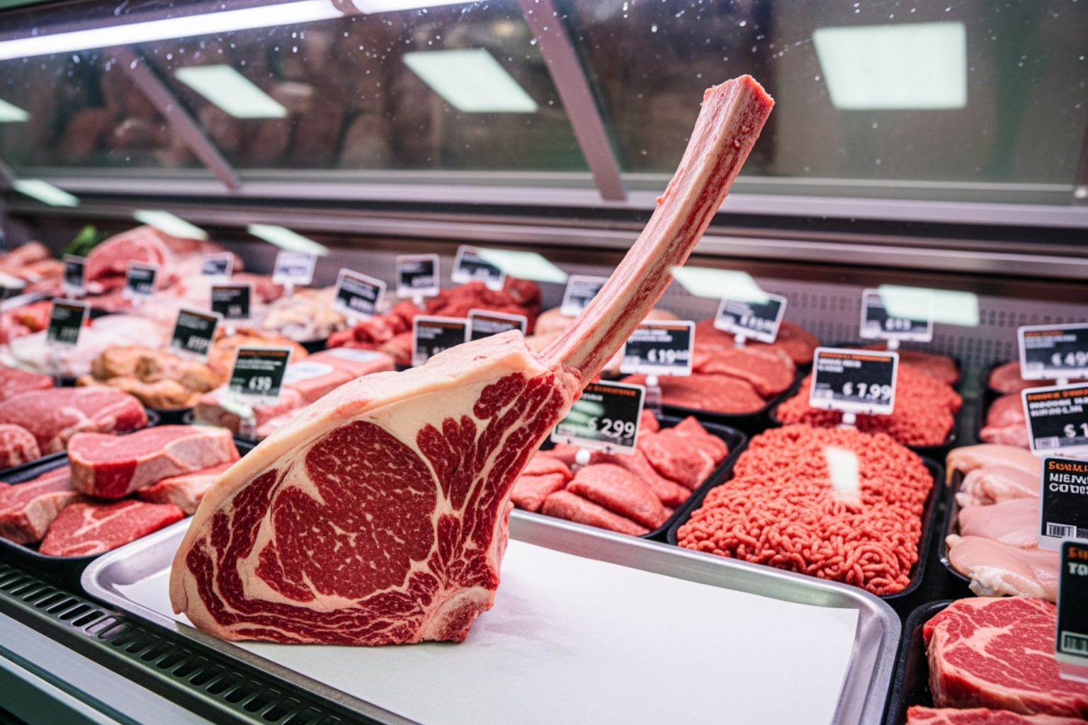 raw tomahawk steak in display - tomahawk steak price per lb